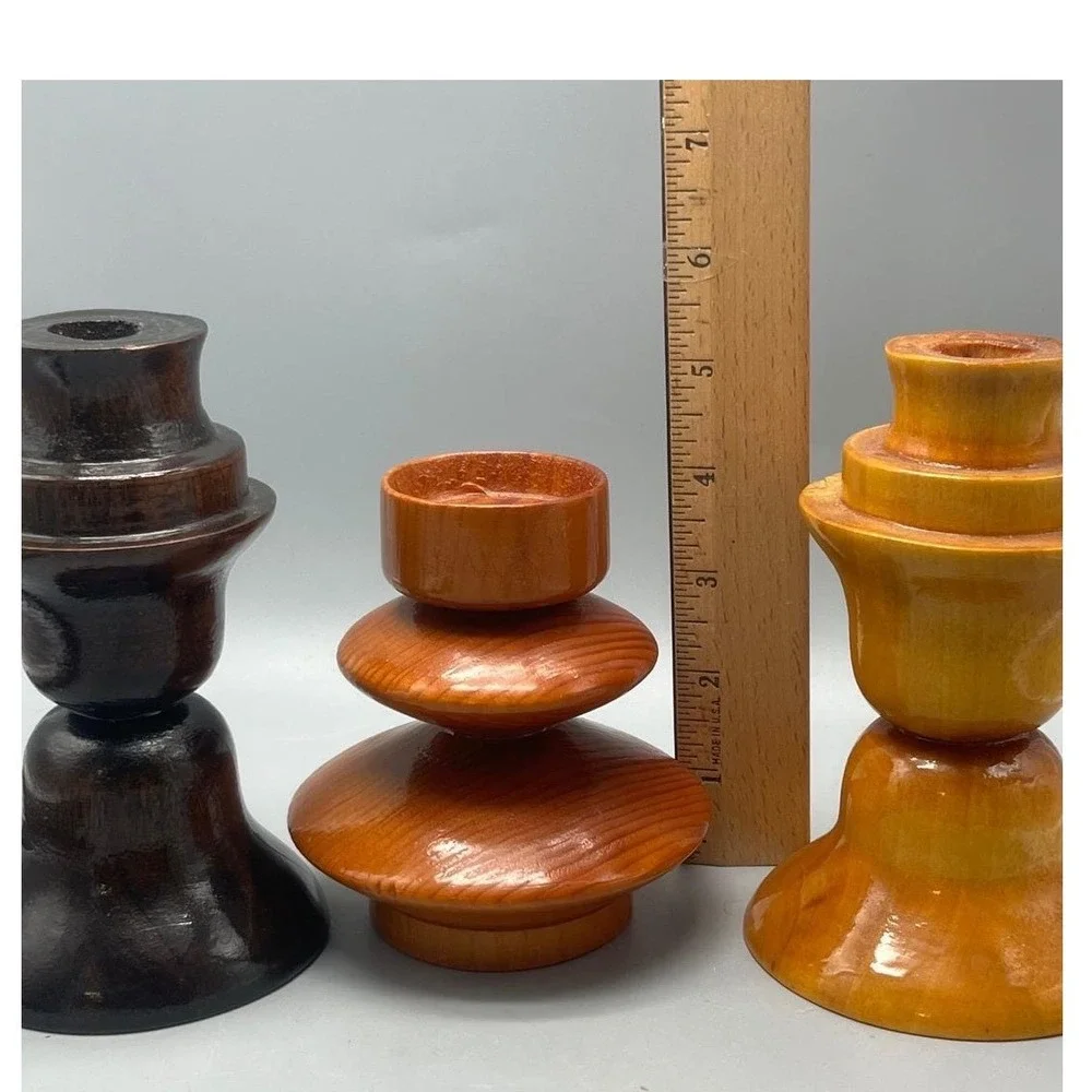 Vintage Mid Century Modern Wood Candlestick Holders set of‎ Three MCM Decor